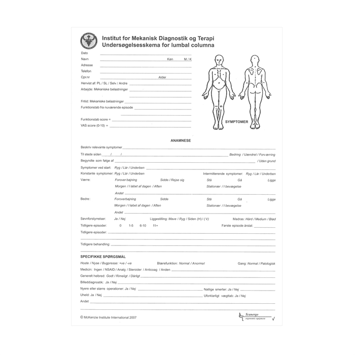 Mckenzie Undersøgelsesblok Lumbal Columna - dansk 50 sider (Hvid)