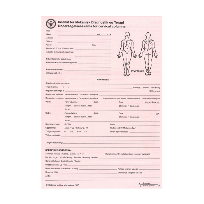 Mckenzie Undersøgelsesblok Cervical Columna - dansk 50 sider ( Lyserød)